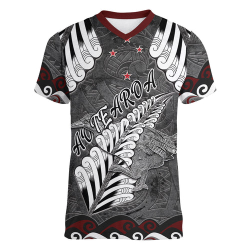 New Zealand Weka Personalised Women V-Neck T-Shirt Aotearoa Hen Silver Fern Maori Pattern