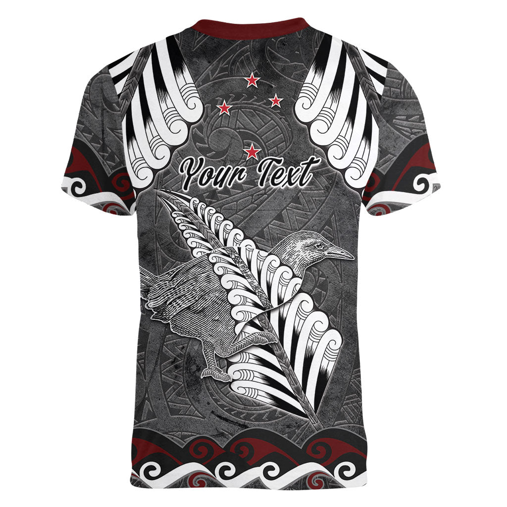 New Zealand Weka Personalised Women V-Neck T-Shirt Aotearoa Hen Silver Fern Maori Pattern