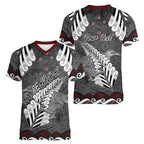 New Zealand Weka Personalised Women V-Neck T-Shirt Aotearoa Hen Silver Fern Maori Pattern