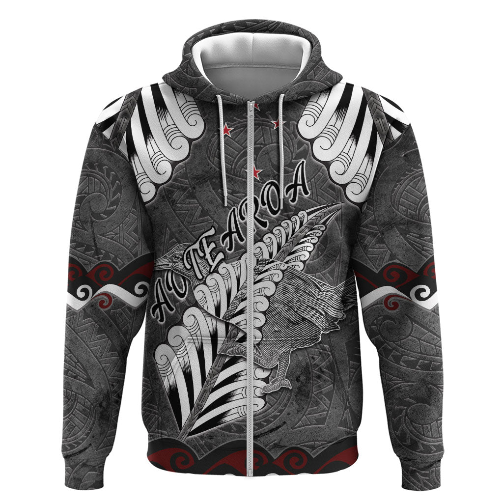 New Zealand Weka Personalised Zip Hoodie Aotearoa Hen Silver Fern Maori Pattern