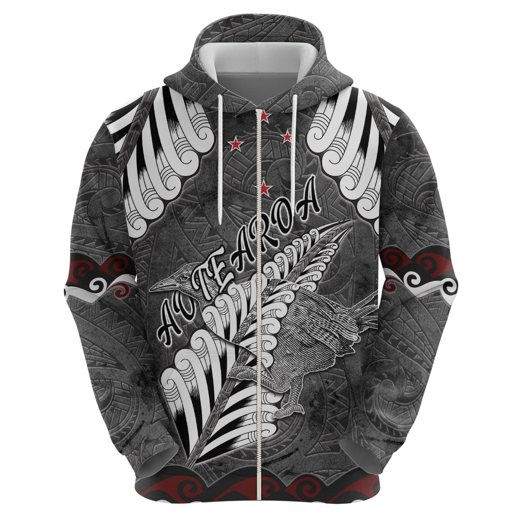 New Zealand Weka Personalised Zip Hoodie Aotearoa Hen Silver Fern Maori Pattern