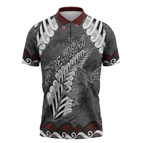 New Zealand Weka Personalised Zipper Polo Shirt Aotearoa Hen Silver Fern Maori Pattern