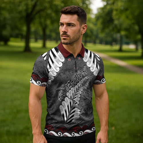 New Zealand Weka Personalised Zipper Polo Shirt Aotearoa Hen Silver Fern Maori Pattern