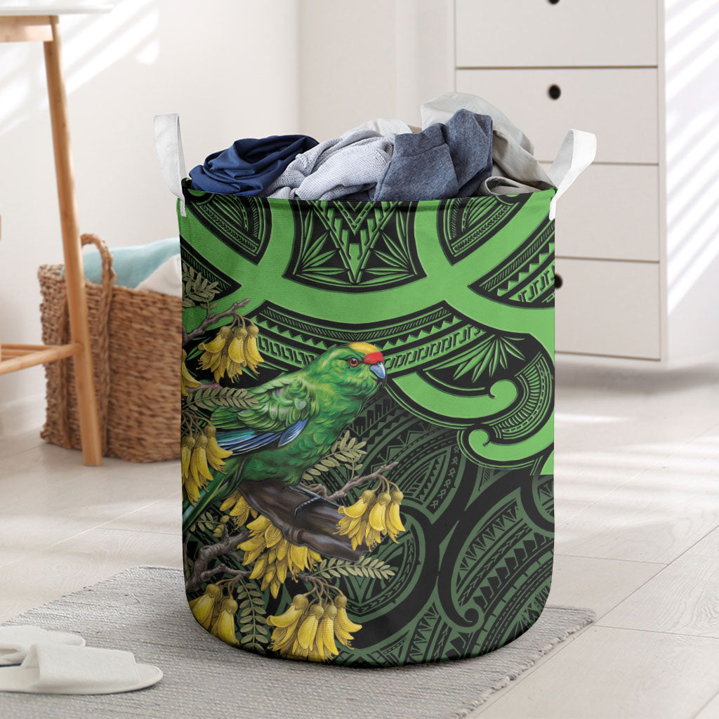 New Zealand Parakeet Bird Laundry Basket Maori Kakariki Kowhai Maori Pattern