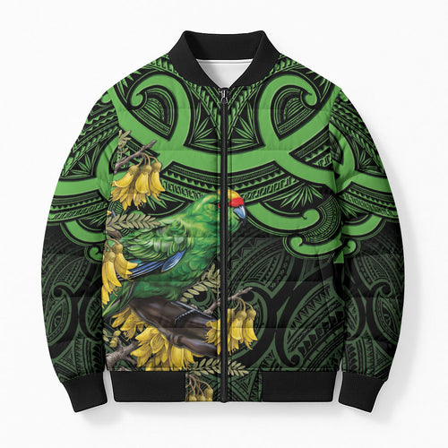 New Zealand Parakeet Bird Bomber Puffer Jacket Maori Kakariki Kowhai Maori Pattern