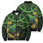 New Zealand Parakeet Bird Bomber Puffer Jacket Maori Kakariki Kowhai Maori Pattern