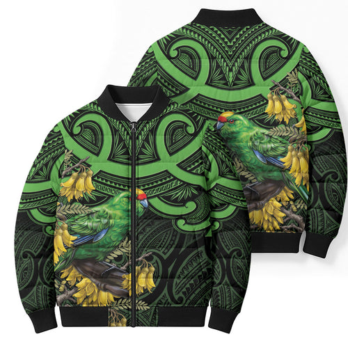 New Zealand Parakeet Bird Bomber Puffer Jacket Maori Kakariki Kowhai Maori Pattern