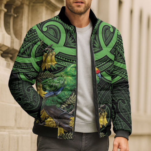 New Zealand Parakeet Bird Bomber Puffer Jacket Maori Kakariki Kowhai Maori Pattern
