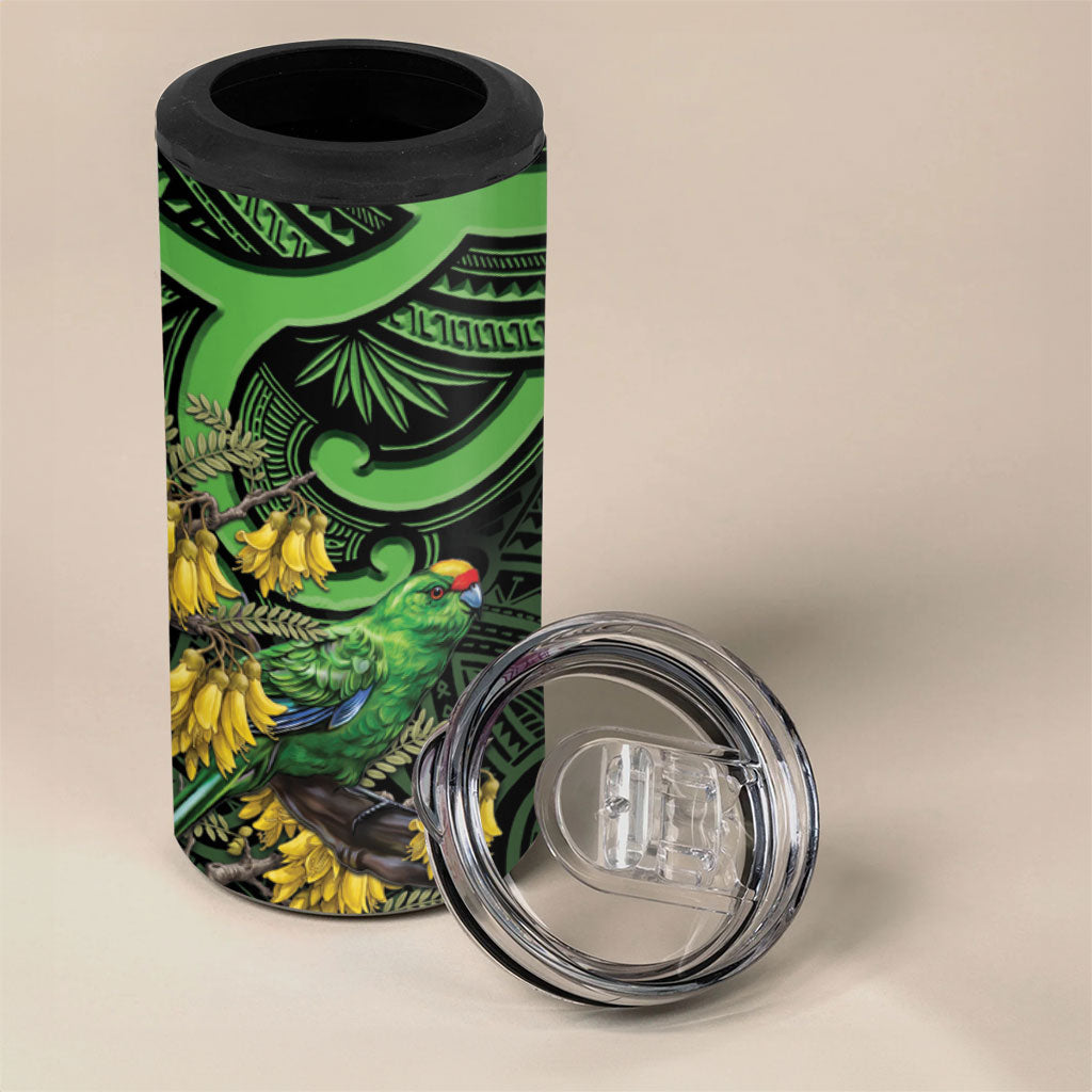 New Zealand Parakeet Bird 4 in 1 Can Cooler Tumbler Maori Kakariki Kowhai Maori Pattern