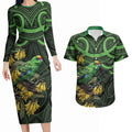 New Zealand Parakeet Bird Couples Matching Long Sleeve Bodycon Dress and Hawaiian Shirt Maori Kakariki Kowhai Maori Pattern