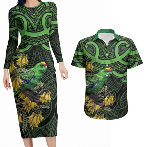 New Zealand Parakeet Bird Couples Matching Long Sleeve Bodycon Dress and Hawaiian Shirt Maori Kakariki Kowhai Maori Pattern