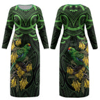 New Zealand Parakeet Bird Couples Matching Long Sleeve Bodycon Dress and Hawaiian Shirt Maori Kakariki Kowhai Maori Pattern