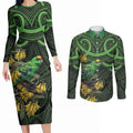 New Zealand Parakeet Bird Couples Matching Long Sleeve Bodycon Dress and Long Sleeve Button Shirt Maori Kakariki Kowhai Maori Pattern