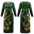 New Zealand Parakeet Bird Couples Matching Long Sleeve Bodycon Dress and Long Sleeve Button Shirt Maori Kakariki Kowhai Maori Pattern