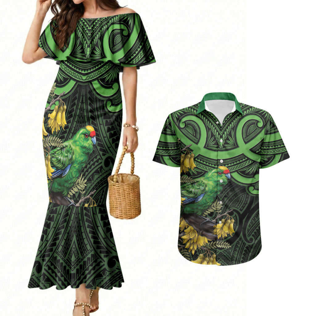 New Zealand Parakeet Bird Couples Matching Mermaid Dress and Hawaiian Shirt Maori Kakariki Kowhai Maori Pattern