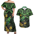 New Zealand Parakeet Bird Couples Matching Off Shoulder Maxi Dress and Hawaiian Shirt Maori Kakariki Kowhai Maori Pattern