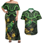 New Zealand Parakeet Bird Couples Matching Off Shoulder Maxi Dress and Hawaiian Shirt Maori Kakariki Kowhai Maori Pattern