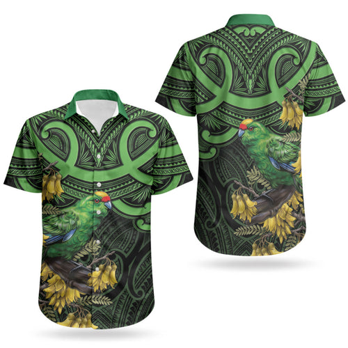 New Zealand Parakeet Bird Couples Matching Off Shoulder Maxi Dress and Hawaiian Shirt Maori Kakariki Kowhai Maori Pattern