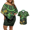 New Zealand Parakeet Bird Couples Matching Off Shoulder Short Dress and Hawaiian Shirt Maori Kakariki Kowhai Maori Pattern