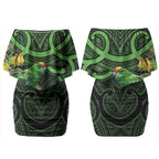 New Zealand Parakeet Bird Couples Matching Off Shoulder Short Dress and Long Sleeve Button Shirt Maori Kakariki Kowhai Maori Pattern