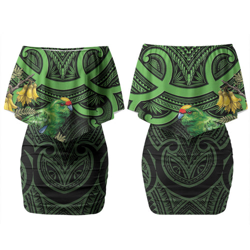 New Zealand Parakeet Bird Couples Matching Off Shoulder Short Dress and Long Sleeve Button Shirt Maori Kakariki Kowhai Maori Pattern