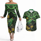 New Zealand Parakeet Bird Couples Matching Off The Shoulder Long Sleeve Dress and Hawaiian Shirt Maori Kakariki Kowhai Maori Pattern