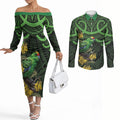 New Zealand Parakeet Bird Couples Matching Off The Shoulder Long Sleeve Dress and Long Sleeve Button Shirt Maori Kakariki Kowhai Maori Pattern
