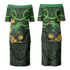 New Zealand Parakeet Bird Couples Matching Puletasi and Hawaiian Shirt Maori Kakariki Kowhai Maori Pattern