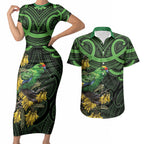 New Zealand Parakeet Bird Couples Matching Short Sleeve Bodycon Dress and Hawaiian Shirt Maori Kakariki Kowhai Maori Pattern