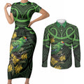New Zealand Parakeet Bird Couples Matching Short Sleeve Bodycon Dress and Long Sleeve Button Shirt Maori Kakariki Kowhai Maori Pattern