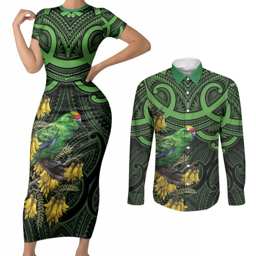 New Zealand Parakeet Bird Couples Matching Short Sleeve Bodycon Dress and Long Sleeve Button Shirt Maori Kakariki Kowhai Maori Pattern