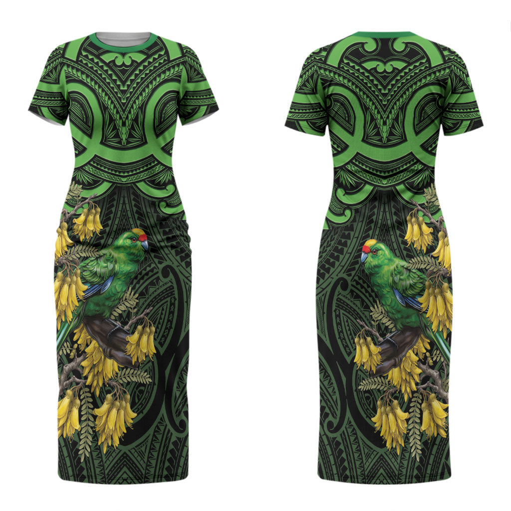 New Zealand Parakeet Bird Couples Matching Short Sleeve Bodycon Dress and Long Sleeve Button Shirt Maori Kakariki Kowhai Maori Pattern