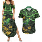 New Zealand Parakeet Bird Couples Matching Summer Maxi Dress and Hawaiian Shirt Maori Kakariki Kowhai Maori Pattern