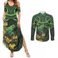 New Zealand Parakeet Bird Couples Matching Summer Maxi Dress and Long Sleeve Button Shirt Maori Kakariki Kowhai Maori Pattern