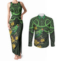 New Zealand Parakeet Bird Couples Matching Tank Maxi Dress and Long Sleeve Button Shirt Maori Kakariki Kowhai Maori Pattern