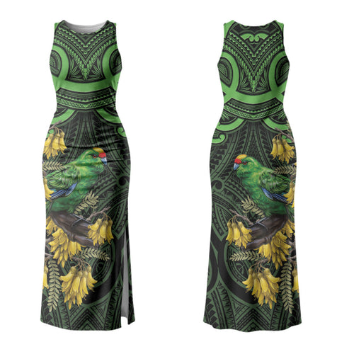New Zealand Parakeet Bird Couples Matching Tank Maxi Dress and Long Sleeve Button Shirt Maori Kakariki Kowhai Maori Pattern