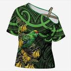 New Zealand Parakeet Bird Cross Shoulder Shirt Maori Kakariki Kowhai Maori Pattern