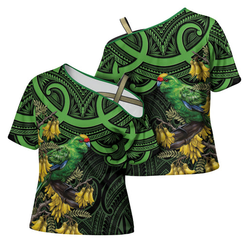 New Zealand Parakeet Bird Cross Shoulder Shirt Maori Kakariki Kowhai Maori Pattern