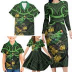 New Zealand Parakeet Bird Family Matching Long Sleeve Bodycon Dress and Hawaiian Shirt Maori Kakariki Kowhai Maori Pattern
