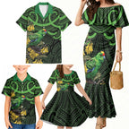 New Zealand Parakeet Bird Family Matching Mermaid Dress and Hawaiian Shirt Maori Kakariki Kowhai Maori Pattern