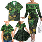 New Zealand Parakeet Bird Family Matching Off The Shoulder Long Sleeve Dress and Hawaiian Shirt Maori Kakariki Kowhai Maori Pattern