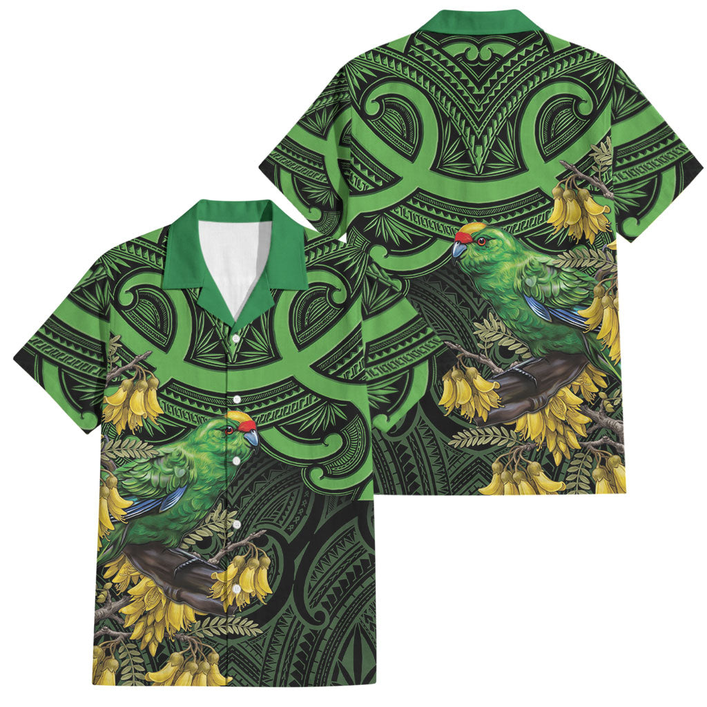 New Zealand Parakeet Bird Family Matching Off Shoulder Maxi Dress and Hawaiian Shirt Maori Kakariki Kowhai Maori Pattern