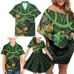 New Zealand Parakeet Bird Family Matching Off Shoulder Short Dress and Hawaiian Shirt Maori Kakariki Kowhai Maori Pattern