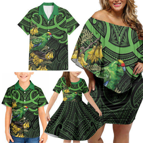 New Zealand Parakeet Bird Family Matching Off Shoulder Short Dress and Hawaiian Shirt Maori Kakariki Kowhai Maori Pattern