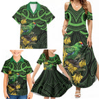 New Zealand Parakeet Bird Family Matching Summer Maxi Dress and Hawaiian Shirt Maori Kakariki Kowhai Maori Pattern
