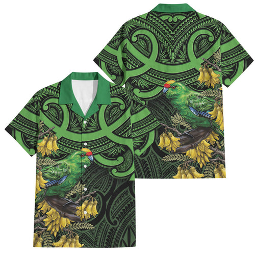 New Zealand Parakeet Bird Family Matching Tank Maxi Dress and Hawaiian Shirt Maori Kakariki Kowhai Maori Pattern