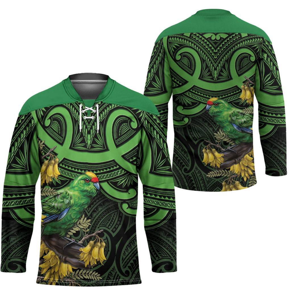 New Zealand Parakeet Bird Hockey Jersey Maori Kakariki Kowhai Maori Pattern