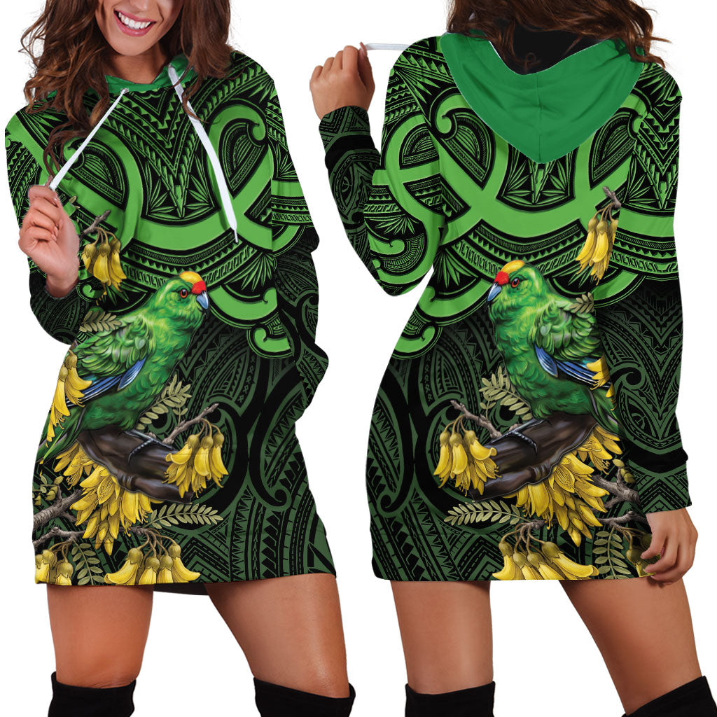 New Zealand Parakeet Bird Hoodie Dress Maori Kakariki Kowhai Maori Pattern