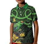 New Zealand Parakeet Bird Kid Polo Shirt Maori Kakariki Kowhai Maori Pattern