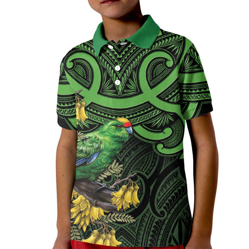 New Zealand Parakeet Bird Kid Polo Shirt Maori Kakariki Kowhai Maori Pattern